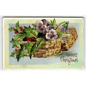 Vintage German Christmas Postcard with Holly and Pansies Basket